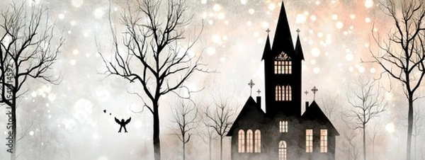 Fototapeta Silhouetted Castle in a Misty, Sparkling Landscape