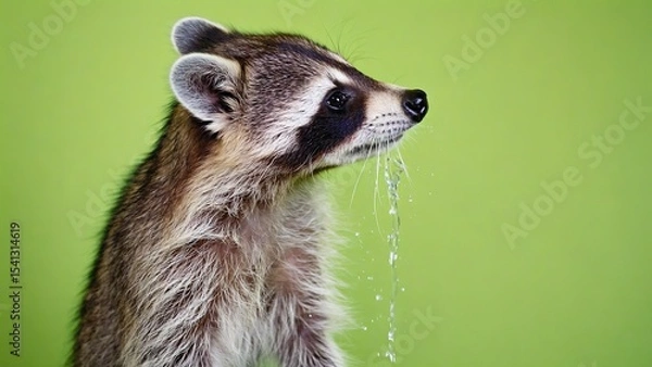 Obraz Close-up view of a raccoon with water dripping from its mouth against a vibrant green background