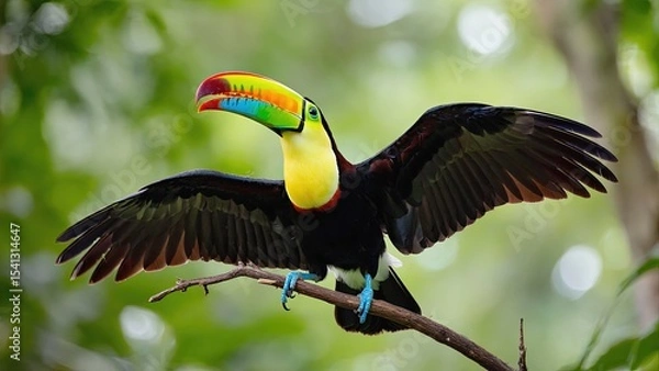 Fototapeta Colorful toucan perched on a branch in a lush rainforest exploring its vibrant surroundings