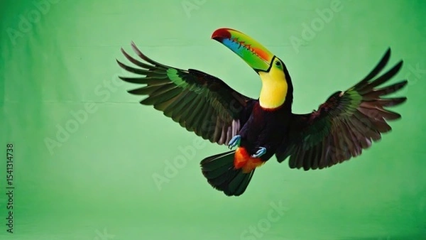 Obraz Colorful toucan in flight displaying vibrant plumage against a bright green background