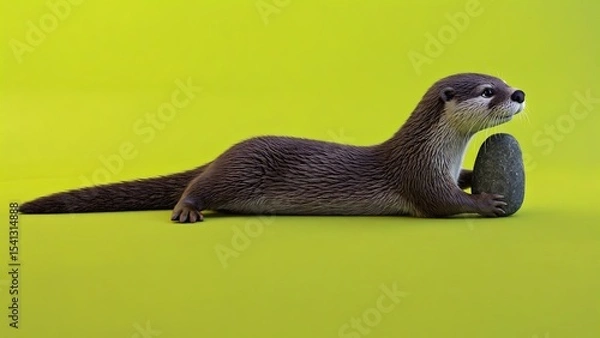 Obraz Otter playing with a stone on a bright green background during a sunny day