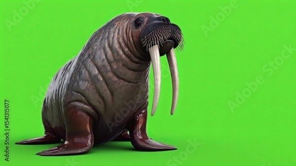 Fototapeta Realistic walrus posing on a bright green background showcasing its tusks and texture during a digital art session