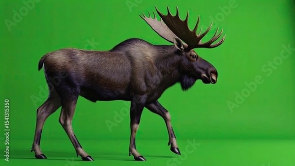 Obraz Majestic moose walking against vibrant green background in studio setting during daylight hours