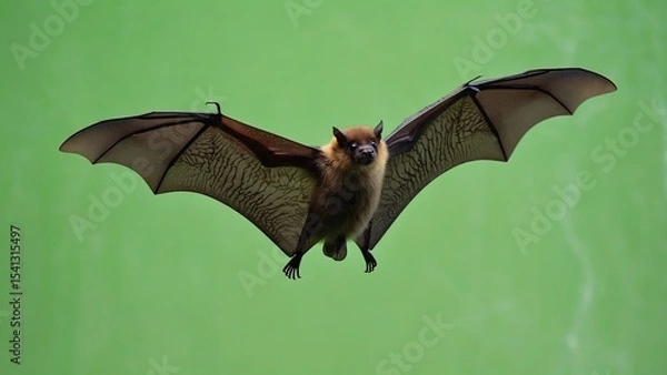 Obraz Bat flying against a bright green background highlighting its wings and features in vibrant detail