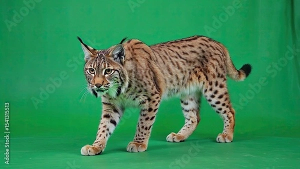 Obraz Lynx walks gracefully on a vibrant green backdrop showcasing its striking features and natural elegance