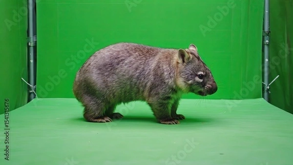 Obraz Wombat stands on a green backdrop in a studio during a wildlife photography session