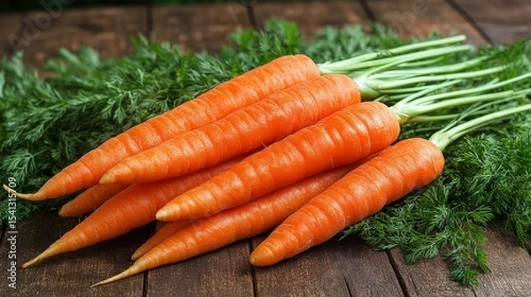 Fototapeta Farm-Fresh Carrot Bunch on Rustic Wood