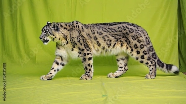 Obraz Snow leopard walks gracefully on vibrant green background during indoor display in wildlife exhibition