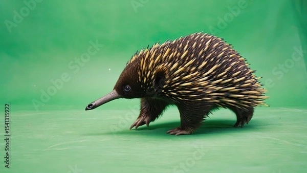 Obraz Echidna walks across bright green surface in a studio setting, showcasing its unique spines and snout while exploring the environment