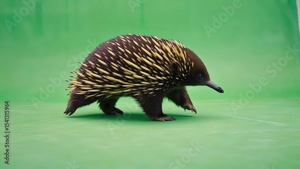 Obraz Echidna walking on a green background, showcasing unique spines and form in an indoor setting