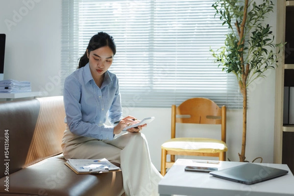 Fototapeta Businesswoman calculating expenses using calculator in modern office