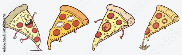 Fototapeta Fun and quirky cartoon pizza slices with cute expressions and cheesy details – perfect for food-themed designs, stickers design vector.