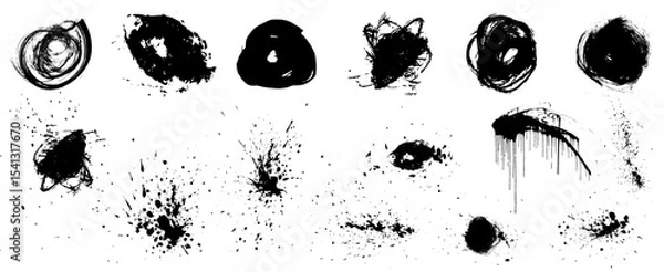 Fototapeta Ink splatters. Vector brush paint splashes. Chinese calligraphy black rough scribble brustrokes collection. Grunge effect urban black paint splashes, blots. Dirty punk hand-drawn spray circles