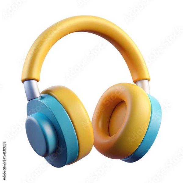 Fototapeta Yellow Blue Wireless Headphones 3 D Render isolated on a transparent background
