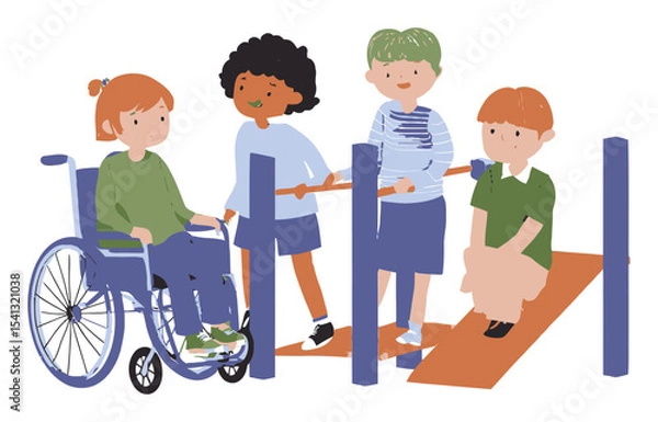 Fototapeta Four Children Engaging in Play at an Inclusive Playground Design