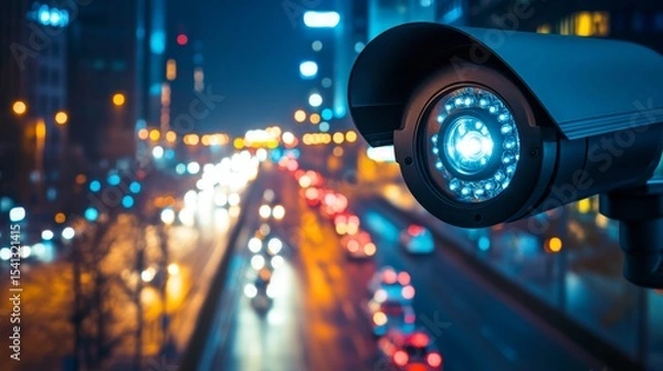 Obraz CCTV camera overlooking a city street interpart, night time with car headlights