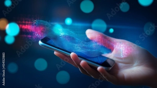 Fototapeta Hand holding mobile device with floating AI screen showing voice recognition waveform