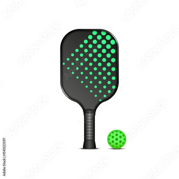 Obraz Pickleball racket with neon green dot pattern and green ball front view, isolated realistic 3d vector illustration for sports equipment, active lifestyle, outdoor games and paddle sport custom model.