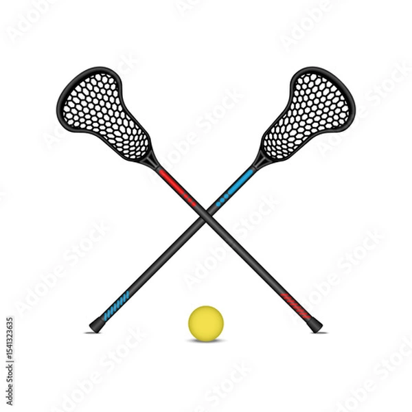 Obraz Crossed two of black lacrosse sticks and yellow ball realistic 3d vector isolated on white background front view, lacrosse sport equipment composition for competition poster or banner.