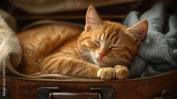 Fototapeta a ginger tabby cat curled up and napping inside an open brown suitcase lined with soft clothing