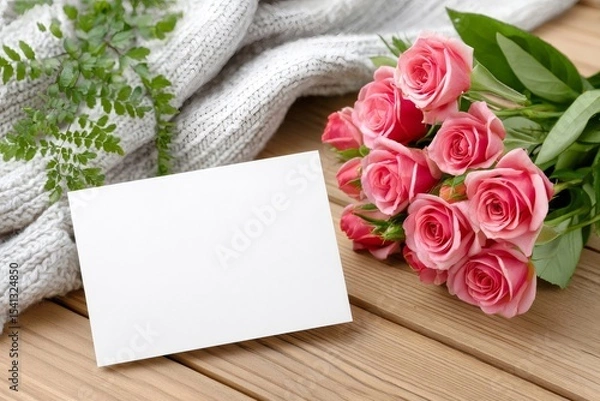 Fototapeta Pink roses bouquet and blank card lying on wooden table
