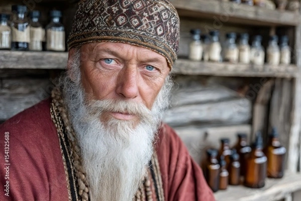 Fototapeta Herbalist preparing natural remedies with traditional methods