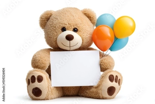 Fototapeta Brown teddy bear holding balloons and blank sign on white background
