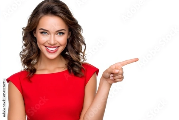 Fototapeta Happy beautiful woman pointing finger showing something on white background