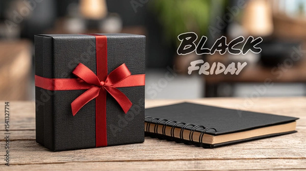 Fototapeta Black gift boxes with red ribbons placed on a notebook and wooden desk create a stylish Black Friday sale template—perfect for posters and social media promotions.