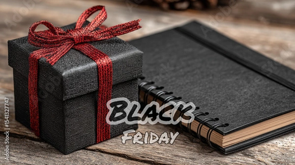 Fototapeta Black gift boxes with red ribbons placed on a notebook and wooden desk create a stylish Black Friday sale template—perfect for posters and social media promotions.