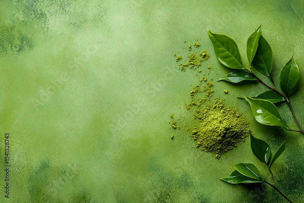 Fototapeta Flat lay view of green powder background, with fresh green tea leaves scattered on top, with enough copy space for text or design, natural and organic concept.
