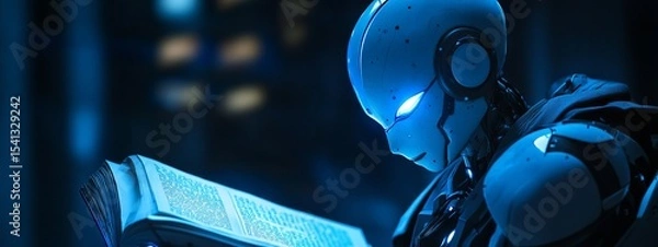 Fototapeta Humanoid AI Robot Reading a Book on Dark Background, 3D Rendering Concept