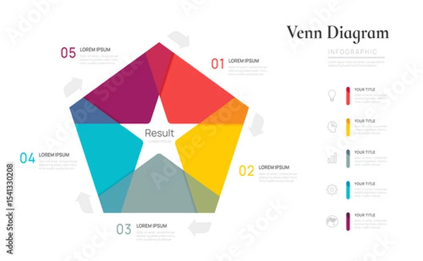 Fototapeta Infographic Venn diagram chart star template for business 5 parts options, presentation with venn diagram elements vector illustration.