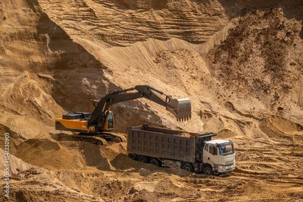 Fototapeta The process of loading sand in a sand quarry. Trucks are waiting for cargo.