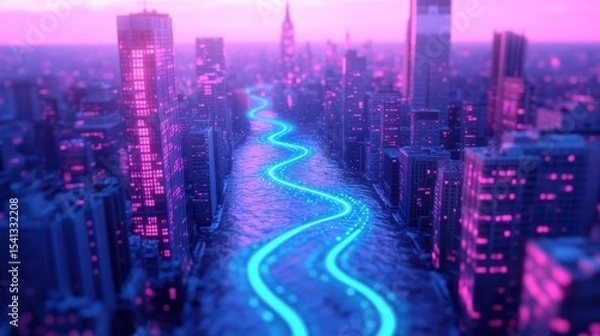 Fototapeta Urban cityscape with illuminated skyscrapers and a river outlined by a bright neon glow under a purple sky