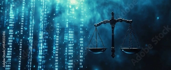 Fototapeta Digital Law and Justice Concept with Scales at a Data Center. Abstract Technology Background