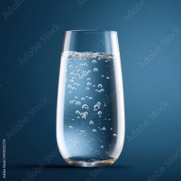 Fototapeta Tall glass filled with clear sparkling water containing bubbles on a solid blue background