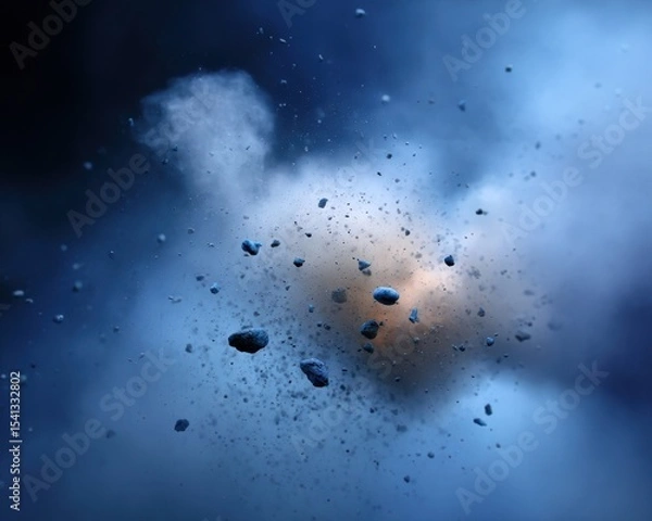 Fototapeta Rocks and debris suspended in blue and white smoke or cloud creating a dynamic abstract composition