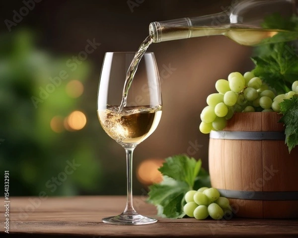 Fototapeta White wine is being poured from a bottle into a glass next to grapes in a wooden barrel on a wooden table