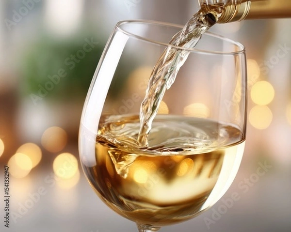 Fototapeta White wine being poured into a clear glass against a soft focus background featuring bokeh lights
