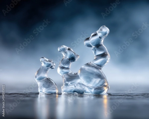 Fototapeta Three abstract ice sculptures translucent and smooth stand on a reflective surface against a blurred dark blue