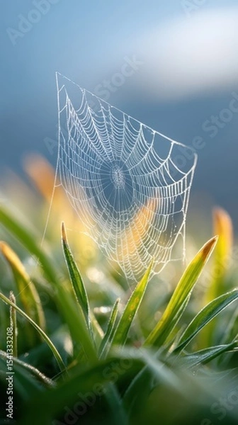 Fototapeta Detailed spiderweb covered in dewdrops is suspended above green grass blue sky softly blurred in the background