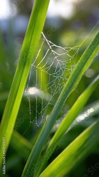 Fototapeta Dew covered spiderweb clinging to bright green blades of grass creating a delicate and glistening natural scene in soft