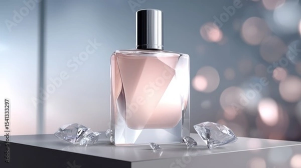 Fototapeta Square glass perfume bottle with silver cap on a white surface surrounded by clear diamonds against a soft focus