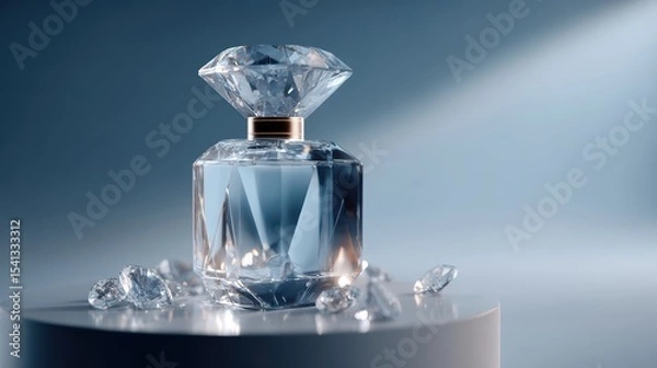 Fototapeta A faceted crystal perfume bottle with diamond shaped stopper accompanied by loose gems presented on a glossy pedestal