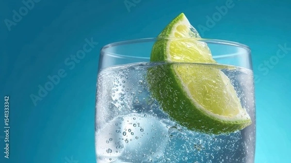 Fototapeta Close up view of a glass with sparkling water ice cubes and a lime wedge against a blue background