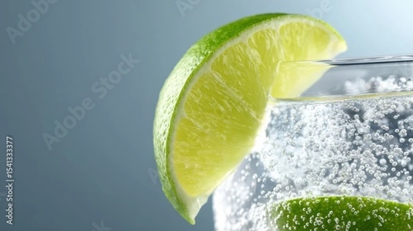 Fototapeta Close up view of a clear glass filled with bubbly water decorated with a slice of lime against a gray background