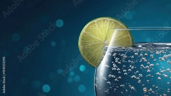 Fototapeta Glass of sparkling water with a slice of lime against a dark blue background featuring numerous bubbles and bokeh effect
