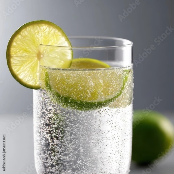 Fototapeta Refreshing glass with clear sparkling water and lime slices a lime garnish sits on the glass rim with a fresh lime in
