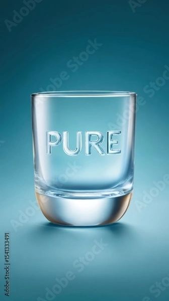 Fototapeta Clear glass with 'PURE' embossed on it partially filled with liquid set against a gradient blue background
